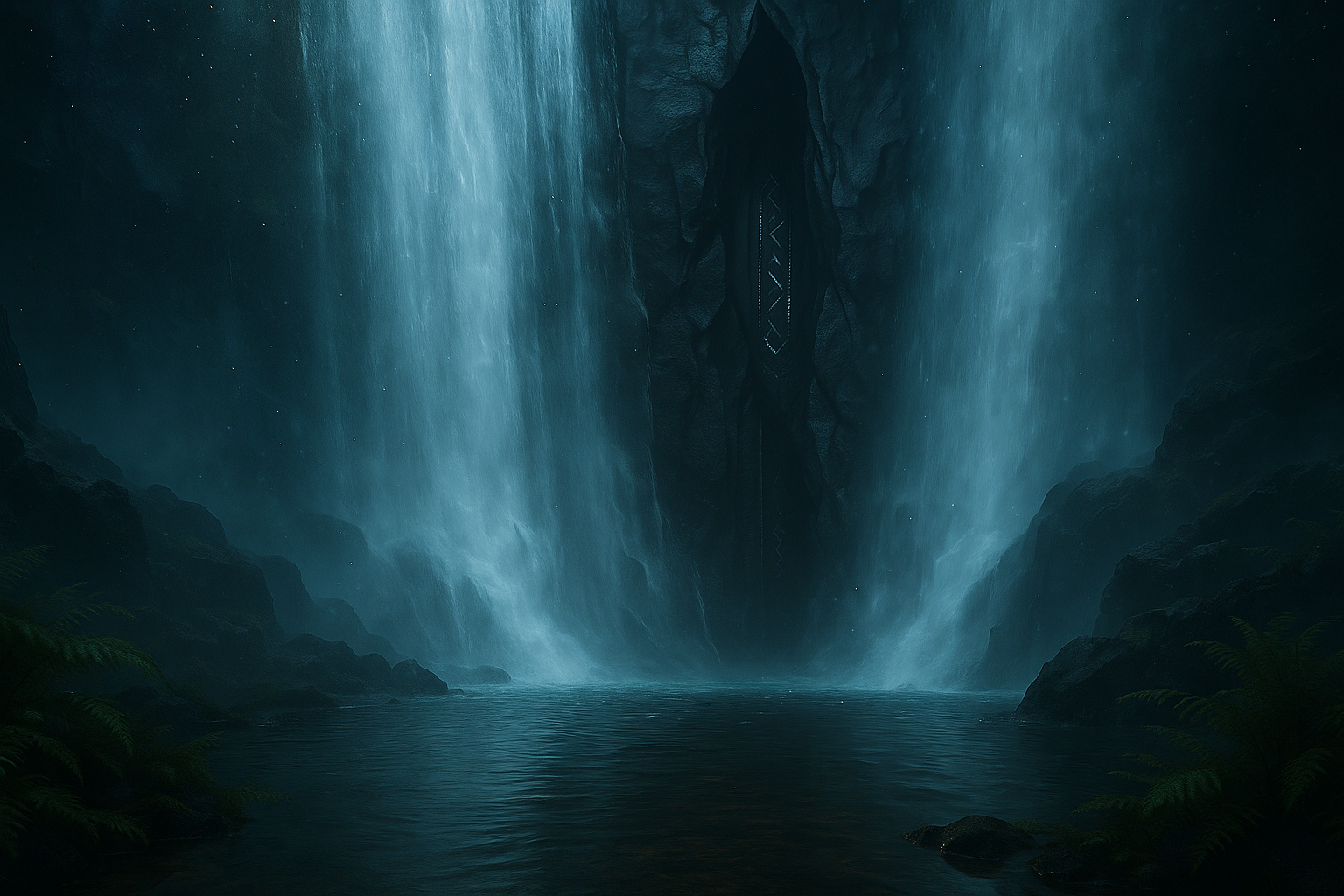 A hidden grotto lit by glowing crystals.