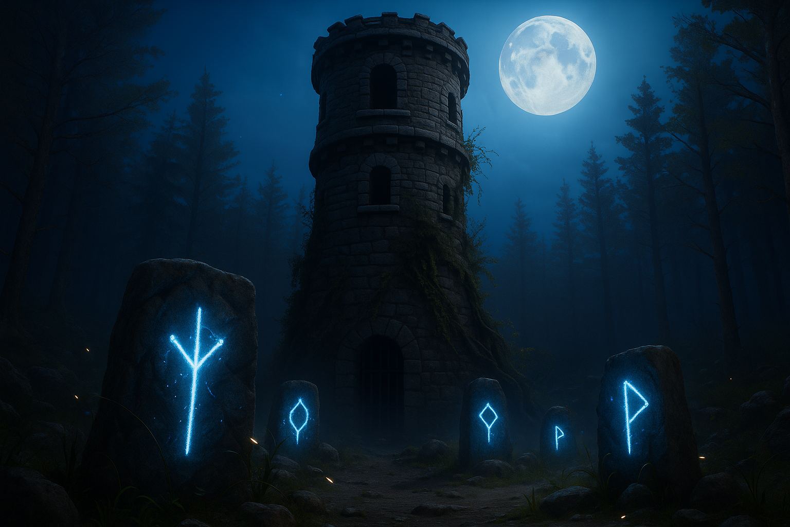 A mysterious tower covered in glowing ancient runes.